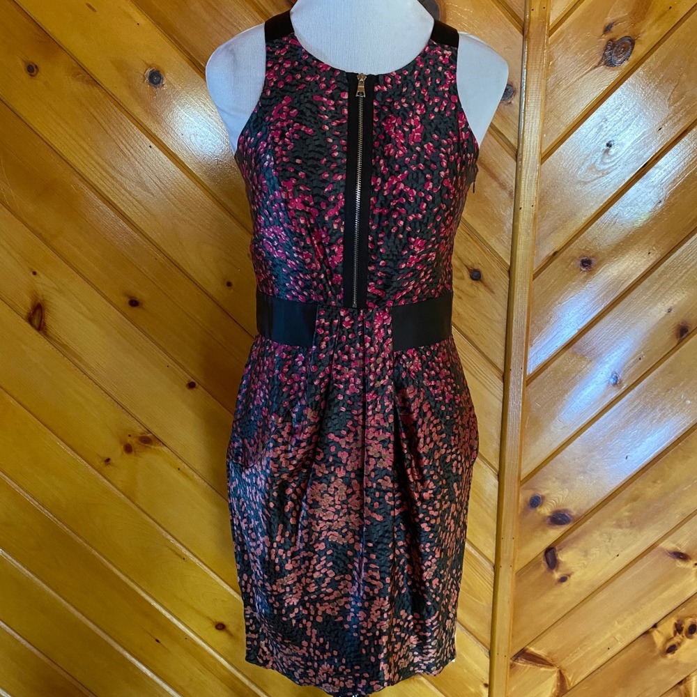 Cynthia Steffe Silk Dress Sleeveless Zip Front Floral Print Black Pink 4